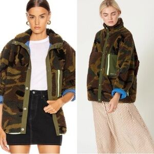 Sandy Liang Rory Fleece Camo Teddy Jacket Green Size XS Sherpa Camouflage